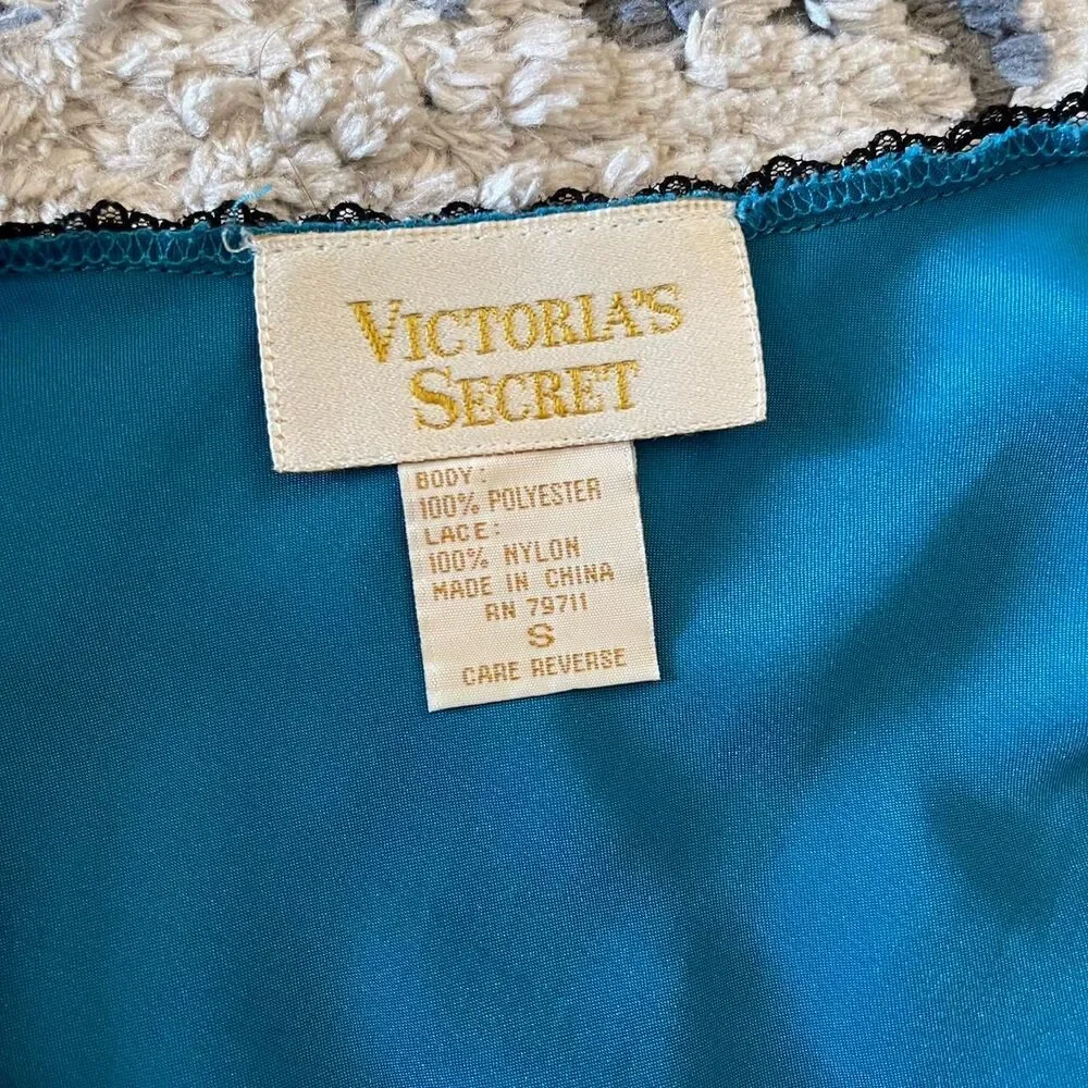Vintage Y2K Victoria's Secret Teal Blue Mini Slip Dress Satin Lace Babydoll Sz S
